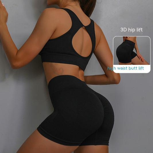 2Pcs Sports Fitness Yoga Suit Breathable Hip-Lifting Shorts and Hollow Out Back Bra Womens Clothing