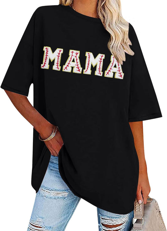 Baseball Shirt Women Oversized Baseball Mom Tops Chenille Baseball Letter Printed Tees Baseball Mama Gift Blouse